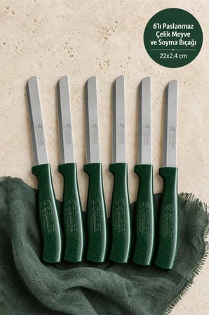 Feller 6'lı Lazer Tırtıklı Paslanmaz Çelik Sebze Meyve Bıçağı 22x2.4 cm - Yeşil Saplı Soyma Ve Doğrama Seti