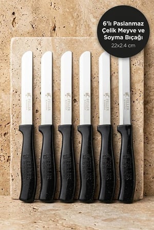 Feller 6'lı Lazer Tırtıklı Paslanmaz Çelik Sebze Meyve Bıçağı 22x2.4 cm - Siyah Saplı Soyma Ve Doğrama Seti