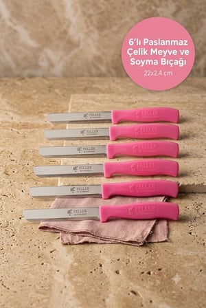 Feller 6'lı Lazer Tırtıklı Paslanmaz Çelik Sebze Meyve Bıçağı 22x2.4 cm - Pembe Saplı Soyma Ve Doğrama Seti