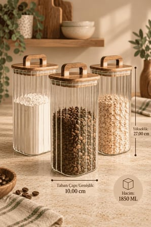 Atbyhome 3'Lü Kulplu Akasya Ahşap Kapaklı Çizgili Cam Kavanoz Seti 1850 Ml - Vakumlu Kare Spagetti Erzak Kabı