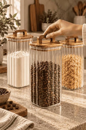 Atbyhome 3'Lü Kulplu Akasya Ahşap Kapaklı Çizgili Cam Kavanoz Seti 1850 Ml - Vakumlu Kare Spagetti Erzak Kabı