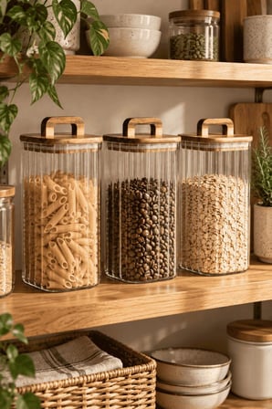 Atbyhome 3'Lü Kulplu Akasya Ahşap Kapaklı Çizgili Cam Kavanoz Seti 1850 Ml - Vakumlu Kare Spagetti Erzak Kabı