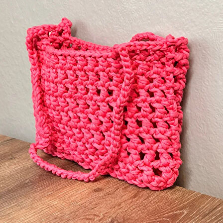Uretti - gülnur 2184 El Örgüsü İle Yapılmış Penye İp Çanta - Pembe