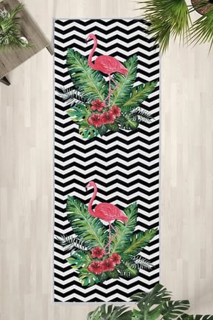 Zigzag Flamingo2 Göbek Beyaz Yıkanabilir Kaymaz Taban Dijital Baskılı Mutfak Halısı