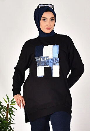 CYLN10582 PUANE İKİ İPLİK KUMAŞ ÖNÜ KUMAŞ GARNİLİ SWEATSHIRT