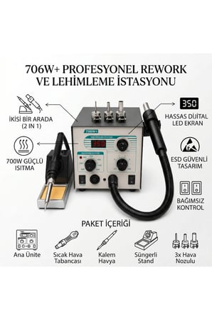 Quick 706W+ Dijital Ekranlı Profesyonel Sıcak Hava Üfleme Ve Lehimleme Havya İstasyonu Smd Rework Seti