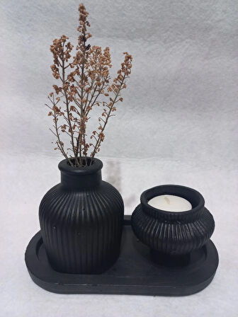 TABAKLI KÜP VAZOLU FİJİ MUMLUK SET SİYAH