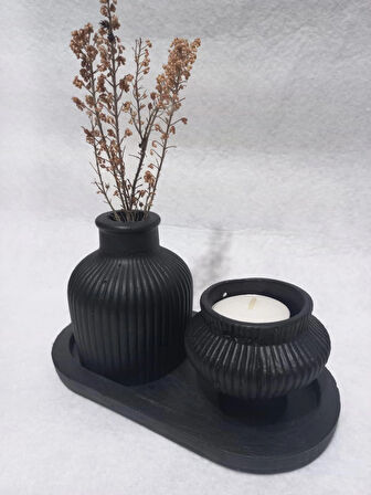 TABAKLI KÜP VAZOLU FİJİ MUMLUK SET SİYAH