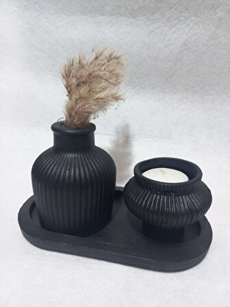 TABAKLI KÜP VAZOLU FİJİ MUMLUK SET SİYAH