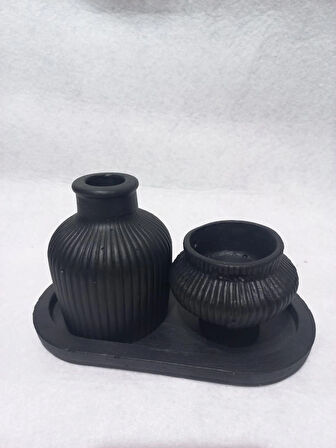 TABAKLI KÜP VAZOLU FİJİ MUMLUK SET SİYAH