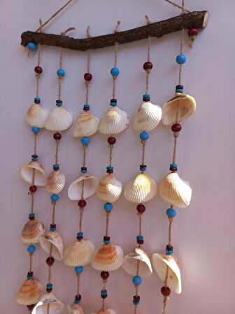 Bordo Mavi Boncuklu Deniz Kabuğu Figürlü Rüzgar Gülü