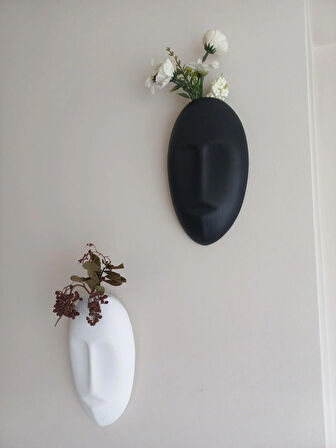 Dekoratif 2'li Yüz Duvar Vazosu, Duvar Süsü ,Heykel Aksesuar Siyah Beyaz