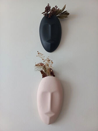 Dekoratif 2'li Yüz Duvar Vazosu, Duvar Süsü ,Heykel Aksesuar Siyah Bej