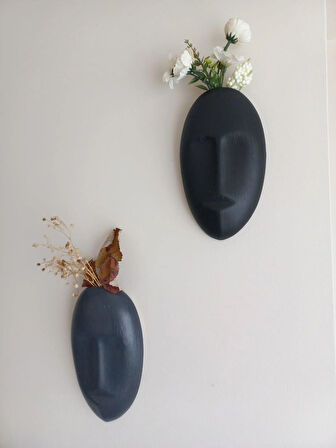 Dekoratif 2'li Yüz Duvar Vazosu, Duvar Süsü ,Heykel Aksesuar Siyah Antrasit