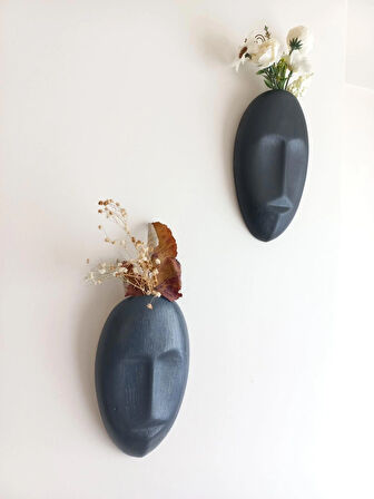 Dekoratif 2'li Yüz Duvar Vazosu, Duvar Süsü ,Heykel Aksesuar Siyah Antrasit