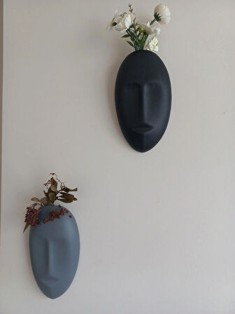 Dekoratif 2'li Yüz Duvar Vazosu, Duvar Süsü ,Heykel Aksesuar Siyah Gri