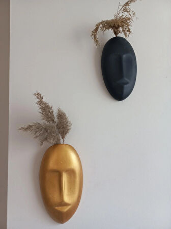 Dekoratif 2'li Yüz Duvar Vazosu, Duvar Süsü ,Heykel Aksesuar Siyah Gold