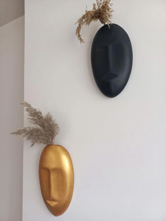 Dekoratif 2'li Yüz Duvar Vazosu, Duvar Süsü ,Heykel Aksesuar Siyah Gold