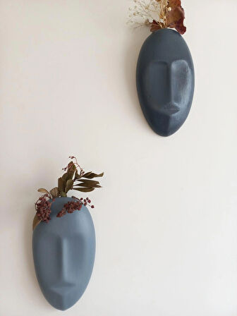 Dekoratif 2'li Yüz Duvar Vazosu, Duvar Süsü ,Heykel Aksesuar Antrasit Gri