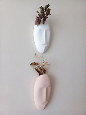 Dekoratif 2'li Yüz Duvar Vazosu, Duvar Süsü ,Heykel Aksesuar Beyaz Bej