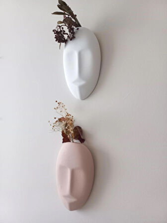 Dekoratif 2'li Yüz Duvar Vazosu, Duvar Süsü ,Heykel Aksesuar Beyaz Bej