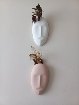 Dekoratif 2'li Yüz Duvar Vazosu, Duvar Süsü ,Heykel Aksesuar Beyaz Bej