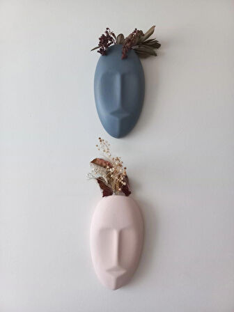 Dekoratif 2'li Yüz Duvar Vazosu, Duvar Süsü ,Heykel Aksesuar Gri Bej