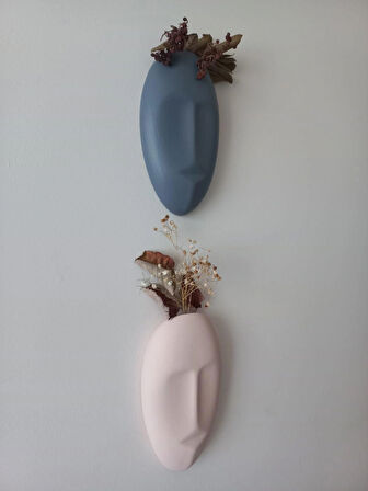 Dekoratif 2'li Yüz Duvar Vazosu, Duvar Süsü ,Heykel Aksesuar Gri Bej