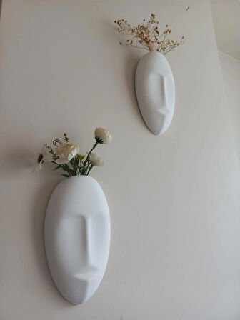 Dekoratif 2'li Yüz Duvar Vazosu, Duvar Süsü ,Heykel Aksesuar Beyaz