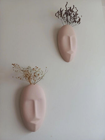 Dekoratif 2'li Yüz Duvar Vazosu, Duvar Süsü ,Heykel Aksesuar Bej