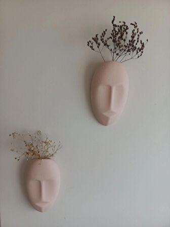 Dekoratif 2'li Yüz Duvar Vazosu, Duvar Süsü ,Heykel Aksesuar Bej