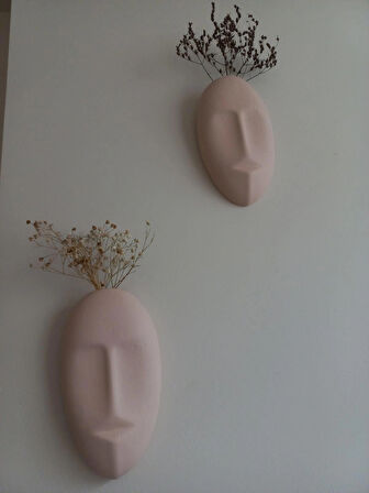 Dekoratif 2'li Yüz Duvar Vazosu, Duvar Süsü ,Heykel Aksesuar Bej