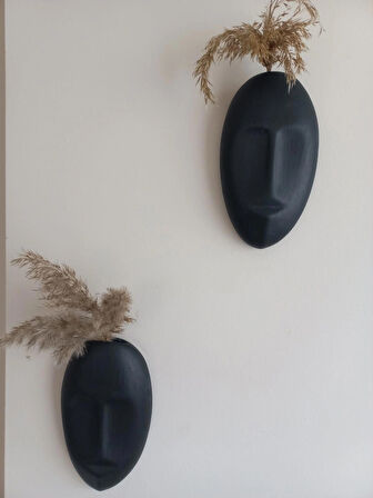 Dekoratif 2'li Yüz Duvar Vazosu, Duvar Süsü, Heykel Aksesuar Siyah