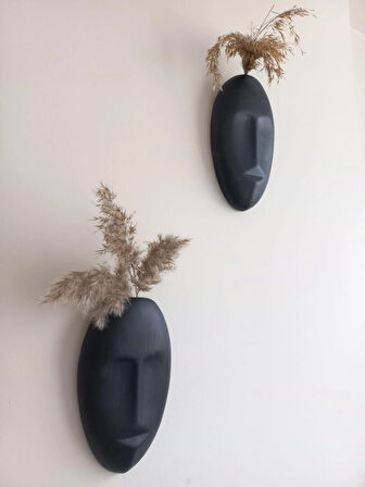 Dekoratif 2'li Yüz Duvar Vazosu, Duvar Süsü, Heykel Aksesuar Siyah
