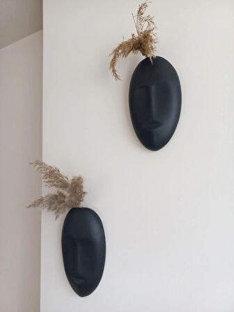 Dekoratif 2'li Yüz Duvar Vazosu, Duvar Süsü, Heykel Aksesuar Siyah