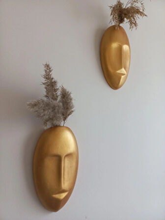 Dekoratif 2'li Yüz Duvar Vazosu, Duvar Süsü ,Heykel Aksesuar Gold