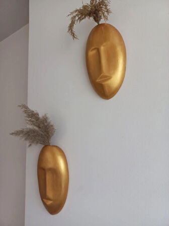 Dekoratif 2'li Yüz Duvar Vazosu, Duvar Süsü ,Heykel Aksesuar Gold