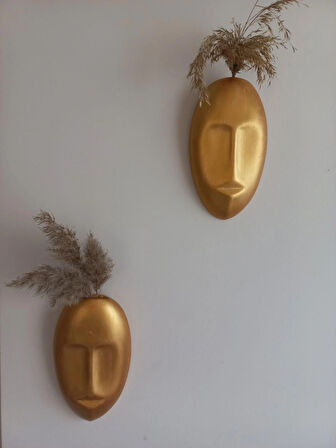 Dekoratif 2'li Yüz Duvar Vazosu, Duvar Süsü ,Heykel Aksesuar Gold