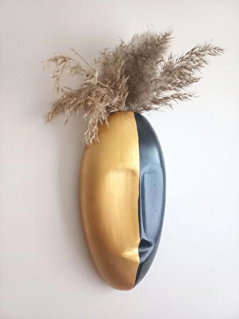 İki Renkli Soyut İnsan Yüzü Duvar Vazosu, Mask Duvar Süsü, Aksesuar Siyah-Gold