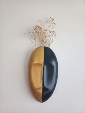 İki Renkli Soyut İnsan Yüzü Duvar Vazosu, Mask Duvar Süsü, Aksesuar Siyah-Gold