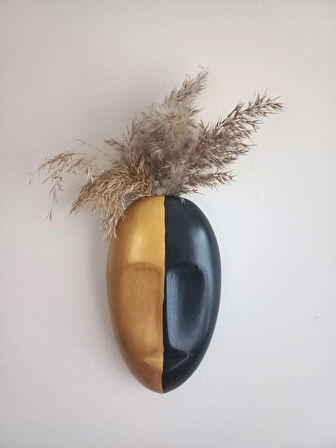 İki Renkli Soyut İnsan Yüzü Duvar Vazosu, Mask Duvar Süsü, Aksesuar Siyah-Gold