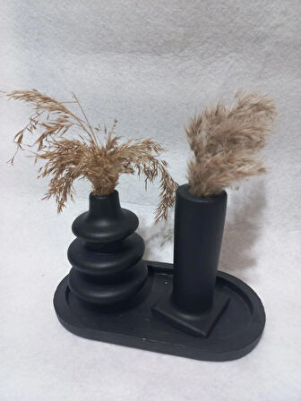 Dekoratif  3 Parça Tabaklı Vazo Set Siyah