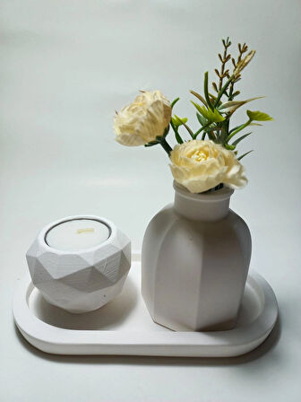 Geometrik Mumluk ve Vazo Dekoratif Tabaklı Set Beyaz