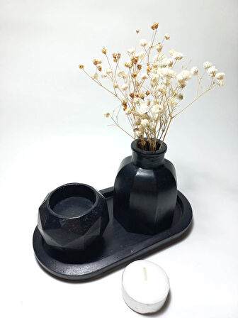 Geometrik Mumluk ve Vazo Dekoratif Tabaklı Set Siyah