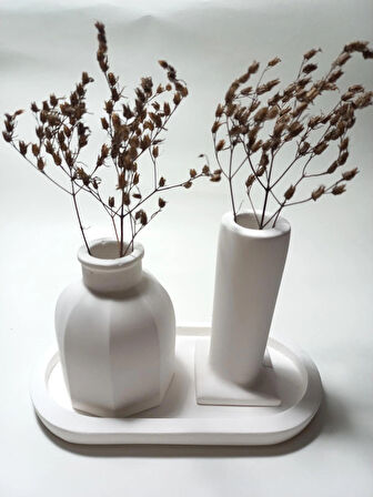 Tabaklı Dekoratif İkili Vazo Set Beyaz
