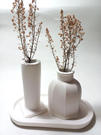 Tabaklı Dekoratif İkili Vazo Set Beyaz