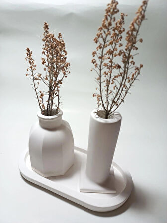 Tabaklı Dekoratif İkili Vazo Set Beyaz