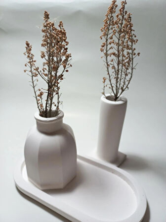 Tabaklı Dekoratif İkili Vazo Set Beyaz