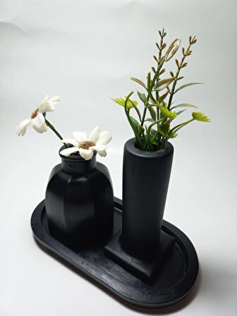 Tabaklı Dekoratif İkili Vazo Set Siyah