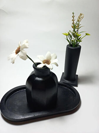 Tabaklı Dekoratif İkili Vazo Set Siyah